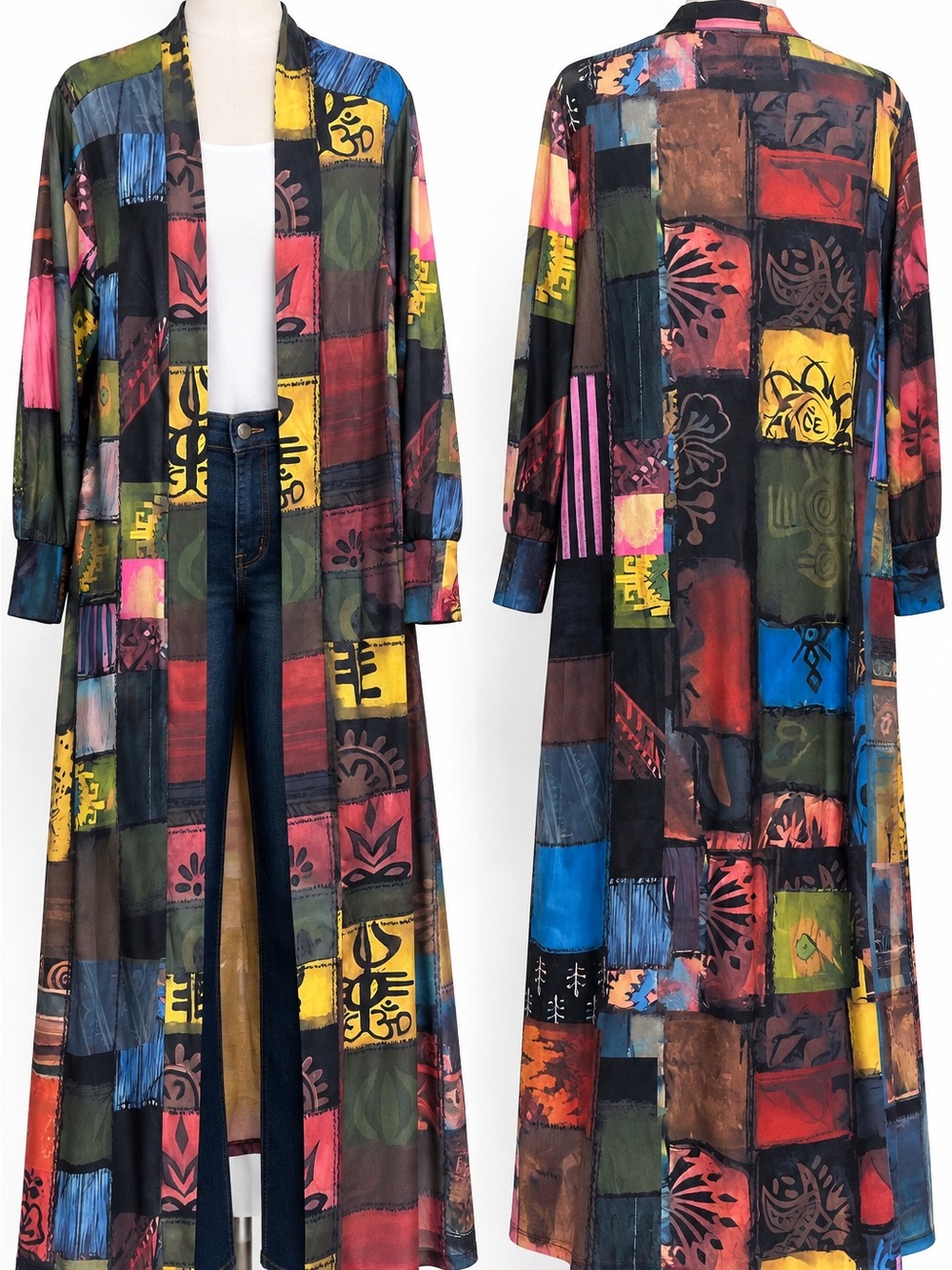 Long Patchwork Print Duster Coat with Multicolor Squares